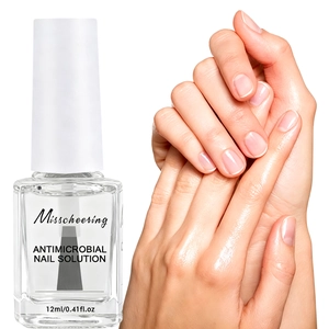 Detail of 12ml antimicrobial nail repair solution with brush and hand demonstration