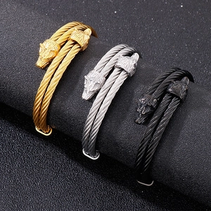 Men's titanium steel double wolf head cable bracelet in gold, silver, and black colors
