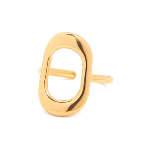 Minimalist gold hollow geometric open ring with irregular oval design on white background
