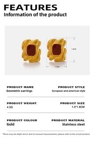 Detail showing 1.5x1.8cm gold-plated stainless steel earrings with red resin inlay
