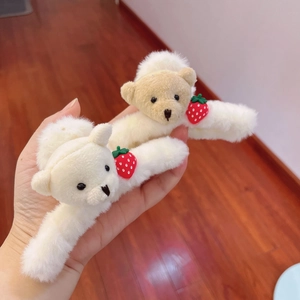 Cute white plush bear head hair ties with red strawberry details for women hair styling