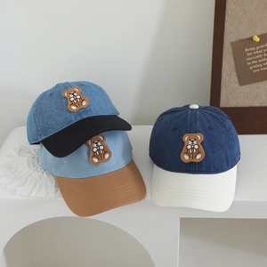 Kids denim baseball caps featuring cute bear embroidery in assorted patchwork colors