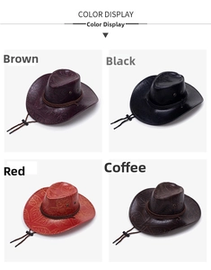 Detail view of western cowboy hats in four colors with embossed texture and chin straps