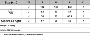 Detailed size guide and polyester material specs for the bomber jacket and pants set