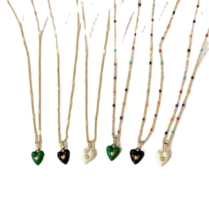 Titanium steel heart pendant necklaces with colorful enamel and gold-plated beaded chains