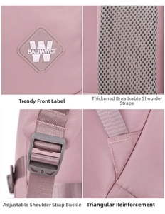 Detail view of pink backpack featuring breathable mesh straps and reinforced stitching