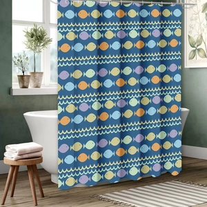 Detail showing high-quality waterproof polyester shower curtain with cute colorful fish patterns