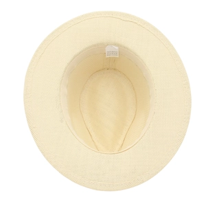 Macro detail of Panama hat inner lining with 100% paper material label and sweatband