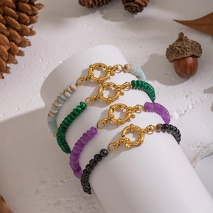 Handmade beaded bracelet set with natural malachite tiger eye and vintage gold metal clasps