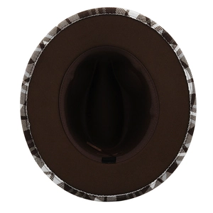 Detailed top view of wide-brimmed felt hat showing brown lining and plaid pattern