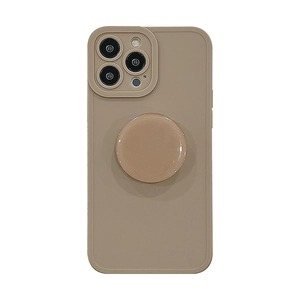 Minimalist khaki iPhone case with integrated round air cushion stand on white background