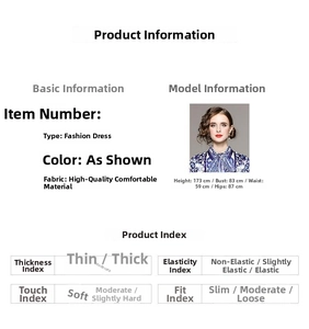 Size chart and fabric details for the slim fit printed dress with model measurements