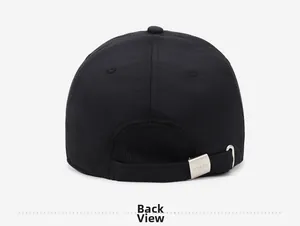 Rear view of black outdoor baseball cap with adjustable silver metal buckle and breathable mesh