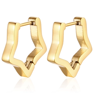 Close-up of gold-plated pentagram star hoop earrings with a thick minimalist geometric design