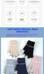 Detail of knitted fingerless gloves featuring cute panda motifs and warm elastic fabric