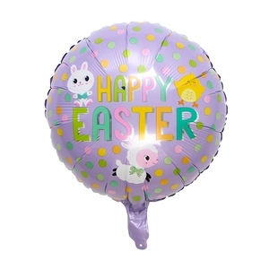 Purple Happy Easter aluminum foil balloon featuring colorful cartoon bunnies and chicks