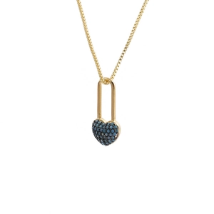 Golden heart lock pendant necklace with blue crystals on a classic box chain