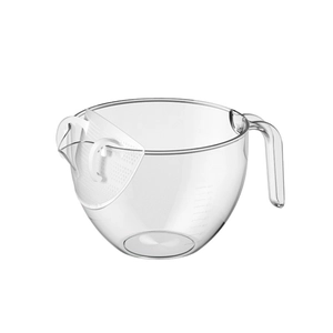 Transparent rice washing bowl with handle, measurements, and detachable strainer