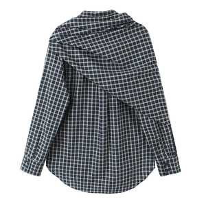 Women's blue and beige plaid shirt featuring a unique layered back shawl design