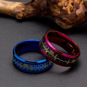 Detail showing carbon fiber rings with gold heartbeat pattern on a textured background