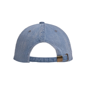 Macro detail of washed blue denim baseball cap showing adjustable strap and metal buckle