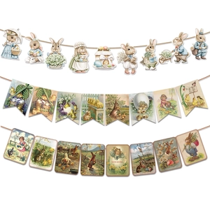 Vintage Easter paper banner set featuring retro rabbit and egg patterns for party decor