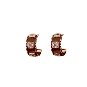Vintage gold-plated C-shaped enamel hoop earrings with inlaid clear zircon stones