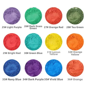 Macro shot of 12-color pearlescent mica powder set with metallic luster in a grid layout