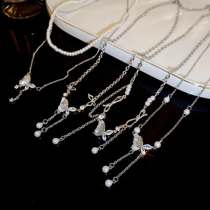 Butterfly Pendant Necklace With Copper Zircon And Imitation Artificial Pearl Tassel Y2K Style For Women Silver Tone Dainty Jewelry