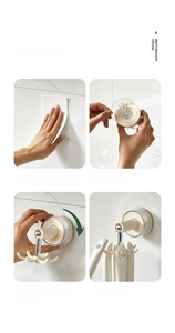 Detailed four-step installation guide for rotating suction cup wall hooks on tile surface