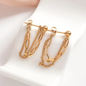 Elegant gold titanium double-layer chain tassel earrings for minimalist modern fashion