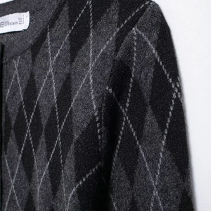 Women's dark grey argyle knit cardigan with button-up collar and campus style