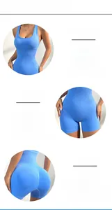 Detail view of sky blue yoga bodysuit showing peach buttocks line and reinforced crotch