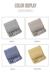 Detailed view of handmade knitted blankets in gray, khaki, blue, and yellow chenille textures
