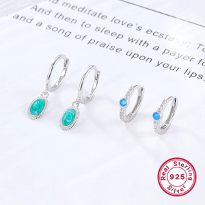 Asymmetric 925 sterling silver hoop earrings with green turquoise and blue opal charms
