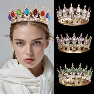 Detailed view of Baroque gold leaf tiara with colorful pear-cut gems and sparkling crystals