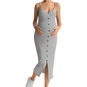 Striped maternity midi dress with V-neck, front buttons and side slit detail in knit fabric