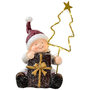 Resin Christmas elf ornament with LED star light holding a brown gift box decoration