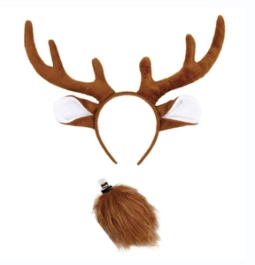 Detail view of plush brown reindeer antlers headband and matching fluffy tail set