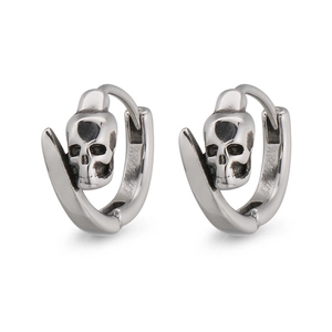 Vintage silver skull hoop earrings in stainless steel with antique finish for men and women