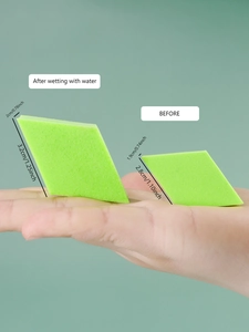 Detail showing non-latex makeup sponge size comparison before and after wetting