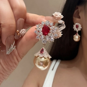 Retro Palace Drop Earrings With Red Zircon Flower And Golden Faux Artificial Pearl Silver Earring Post Luxurious Jewelry For Women