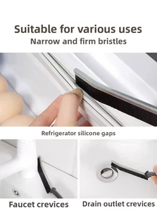 Detail van stijve nylon borstelharen die kieren reinigen bij koelkasten en kranen