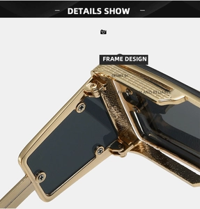 Detailed macro view of the sturdy gold metal hinge and frame design of cyber sunglasses