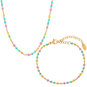 Conjunto de collar y pulsera de acero inoxidable dorado con cuentas de colores pastel
