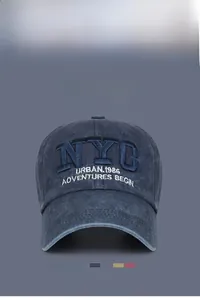 Detailed view of vintage washed baseball cap featuring 3D NYC embroidery on the front