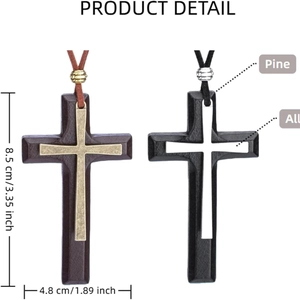 Collier croix fait main rétro en bois et alliage double couche taille 8,5x4,8 cm