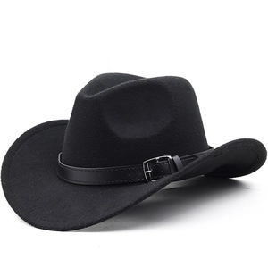 Western Cowboy Hat Wide Brim Polyester Felt Fedora With Leather Belt Metal Buckle Vintage Ethnic Style Unisex