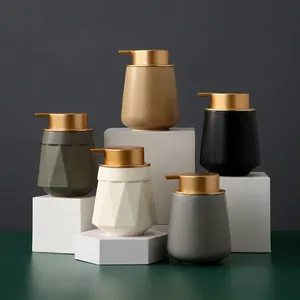 Nordic ceramic soap dispenser set with gold pump and textured geometric design