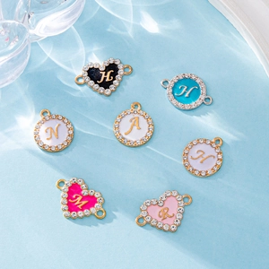 10pcs colorful enamel heart and round letter charms with rhinestones for DIY bracelets